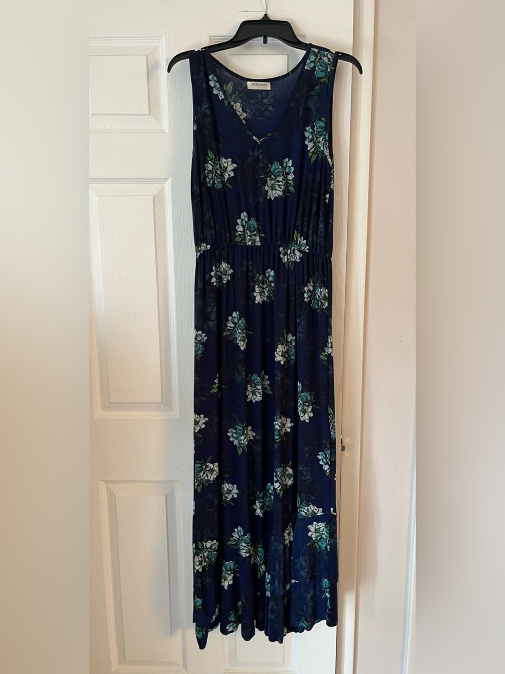 Ace Fashion Navy Blue Teal Floral Sleeveless Maxi Dress Large